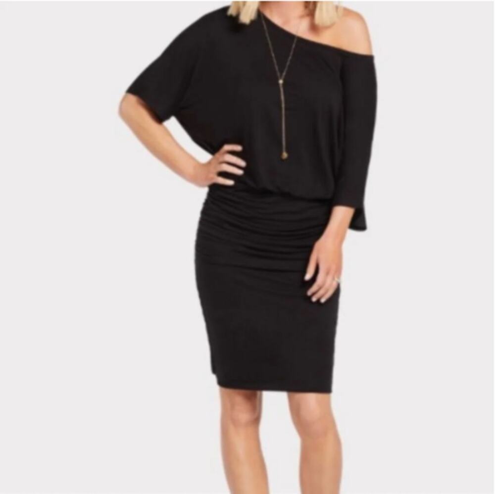 MICHAEL STARS Evereve Black Ruched Skirt Black Off the Shoulder Dress // S